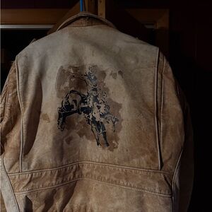 Vintage Men's Tan Leather Jacket with hand painted Cowboy Design